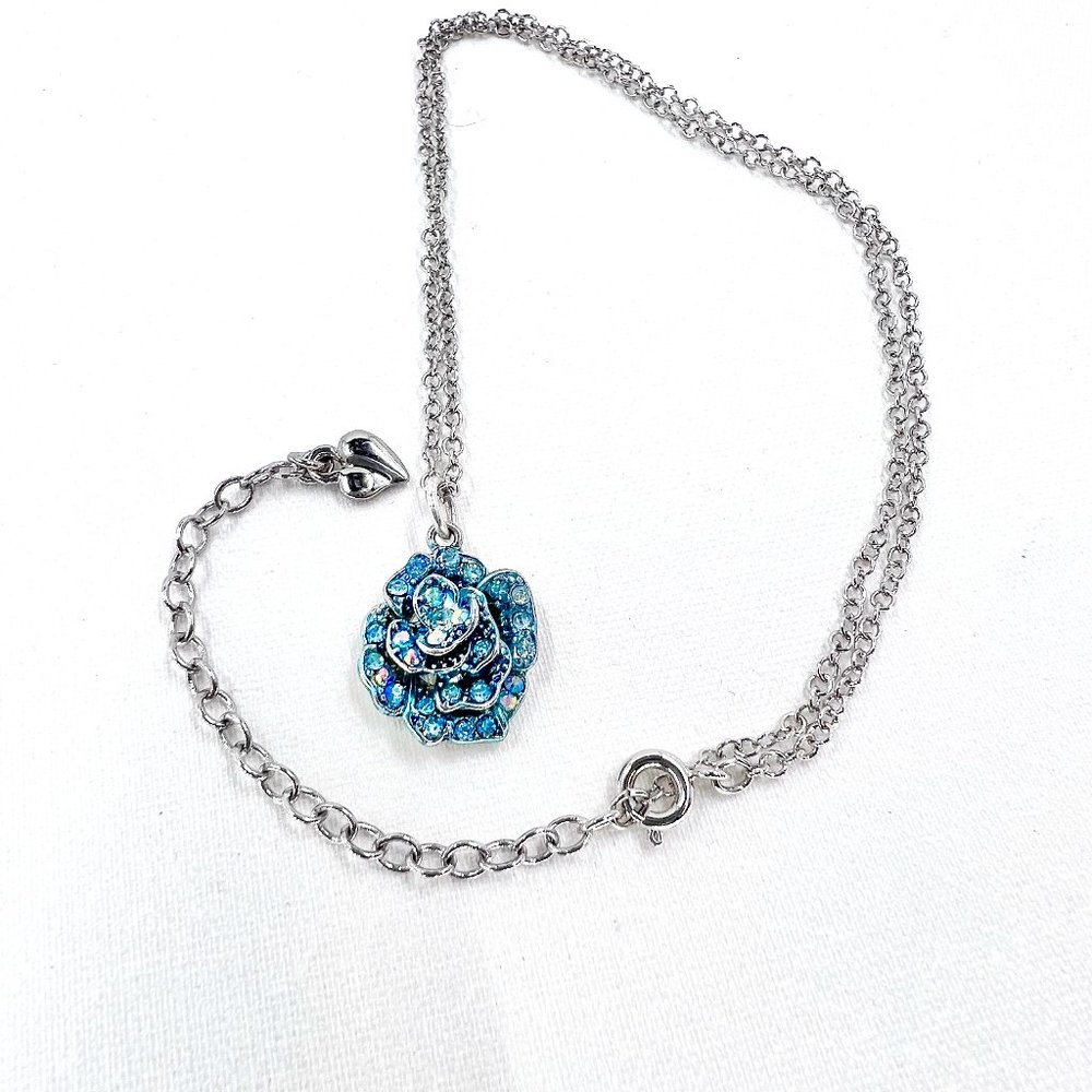 Up-Cycled - Sweet Jeweled Green Flower Pendant Silver Tone 16” Chain Necklace